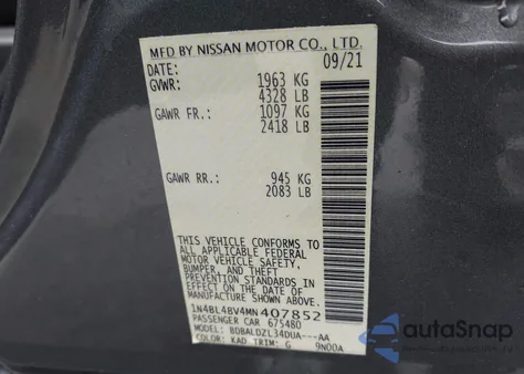 2021 Nissan Altima S z USA, uszkodzony, nr VIN 1N4BL4BV4MN407852